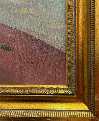 Irene Stry Vintage Irene Stry Still Life Painting with Harbor Scene Background