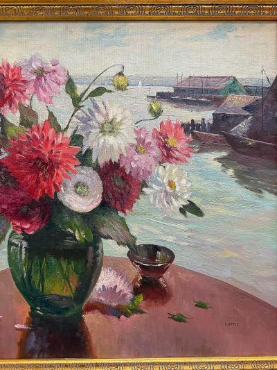 Irene Stry Vintage Irene Stry Still Life Painting with Harbor Scene Background