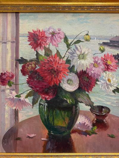 Irene Stry Vintage Irene Stry Still Life Painting with Harbor Scene Background