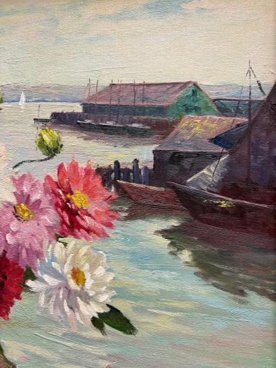 Irene Stry Vintage Irene Stry Still Life Painting with Harbor Scene Background