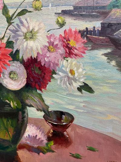 Irene Stry Vintage Irene Stry Still Life Painting with Harbor Scene Background
