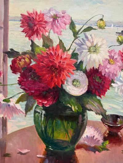 Irene Stry Vintage Irene Stry Still Life Painting with Harbor Scene Background