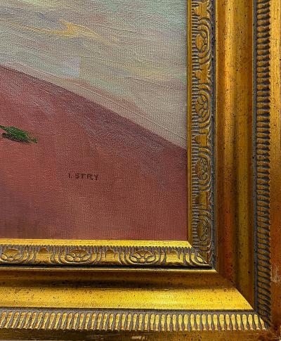 Irene Stry Vintage Irene Stry Still Life Painting with Harbor Scene Background