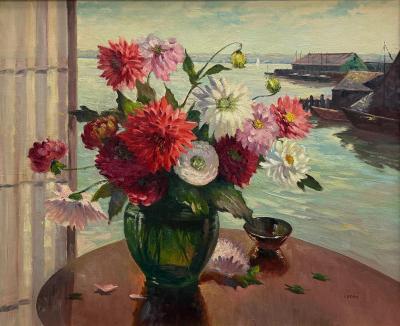 Irene Stry Vintage Irene Stry Still Life Painting with Harbor Scene Background