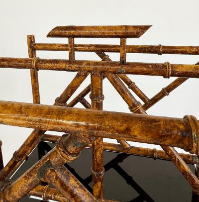 Iron Faux Bamboo Tortoise Shell Finish Magazine Rack Black Glass Shelves