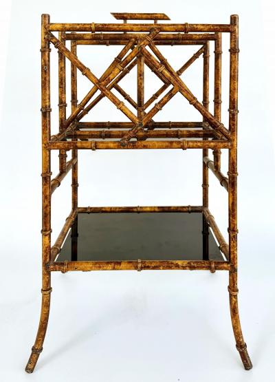 Iron Faux Bamboo Tortoise Shell Finish Magazine Rack Black Glass Shelves