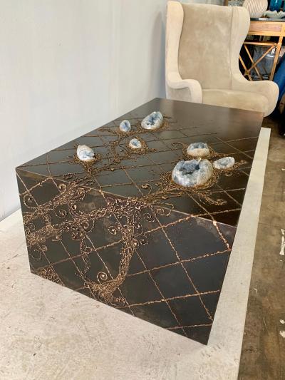 Iron and Bronze Floral Design Natural Celestite Studio Coffee Table