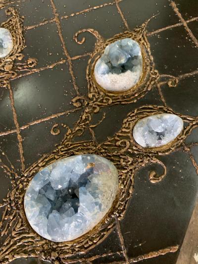 Iron and Bronze Floral Design Natural Celestite Studio Coffee Table