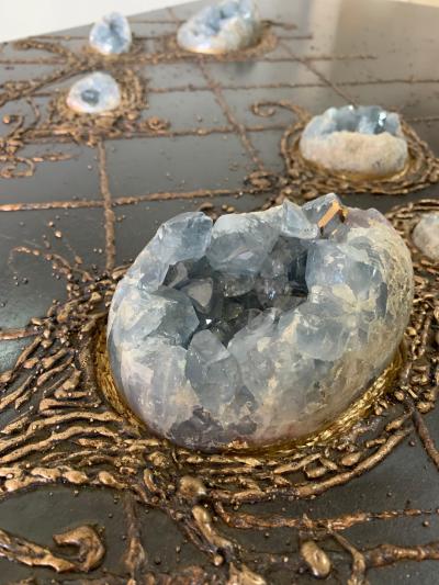 Iron and Bronze Floral Design Natural Celestite Studio Coffee Table