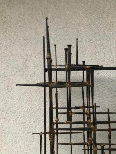 Iron and Bronze Welded Sculptural Modernist Entrance Glass Mirror Stand