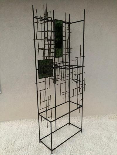 Iron and Bronze Welded Sculptural Modernist Entrance Glass Mirror Stand