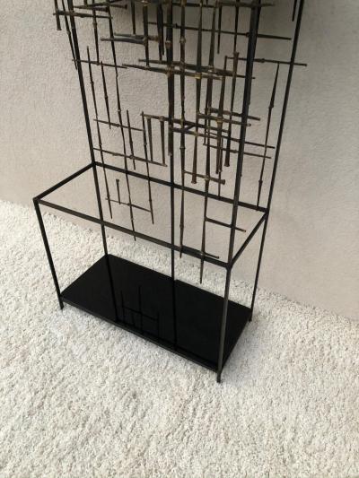 Iron and Bronze Welded Sculptural Modernist Entrance Glass Mirror Stand