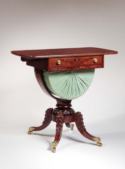Isaac Vose Carved Mahogany Work Table with Demi Lune Bag
