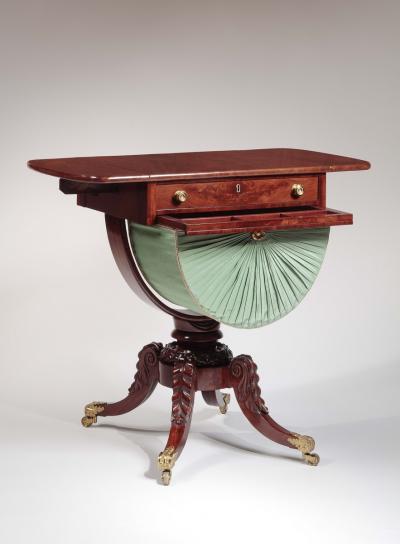Isaac Vose Carved Mahogany Work Table with Demi Lune Bag
