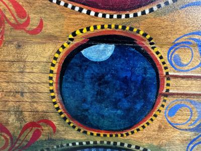 Isadore Seltzer Music Fantasy Folk Guitar with Two Moons and Steam Locomotive in Red Background