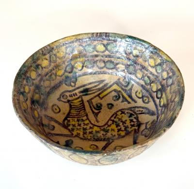 Islamic Buff Ware Slip Paint Ceramic Bowl with Animate Design Nishapur