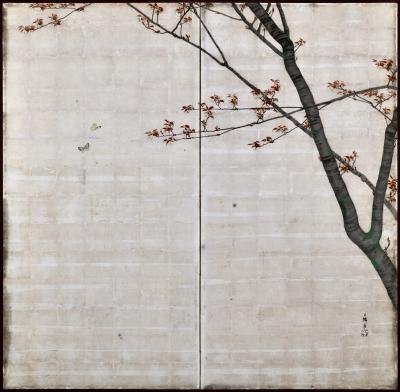 Isobe Hyakurin 1895 Meiji Japanese Screen Pair Cherry Blossoms Autumn Maples on Silver Leaf