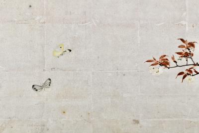 Isobe Hyakurin 1895 Meiji Japanese Screen Pair Cherry Blossoms Autumn Maples on Silver Leaf