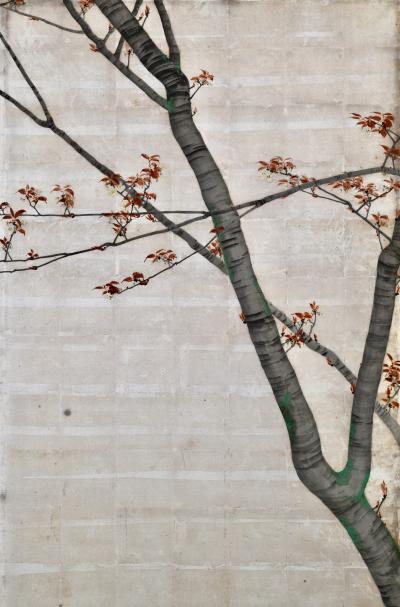 Isobe Hyakurin 1895 Meiji Japanese Screen Pair Cherry Blossoms Autumn Maples on Silver Leaf