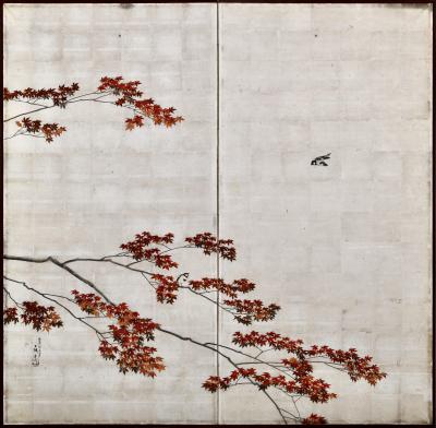 Isobe Hyakurin 1895 Meiji Japanese Screen Pair Cherry Blossoms Autumn Maples on Silver Leaf