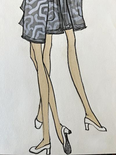 Issey Miyake Fashion Illustration with Two Leggy Models in Monochromatic Greys