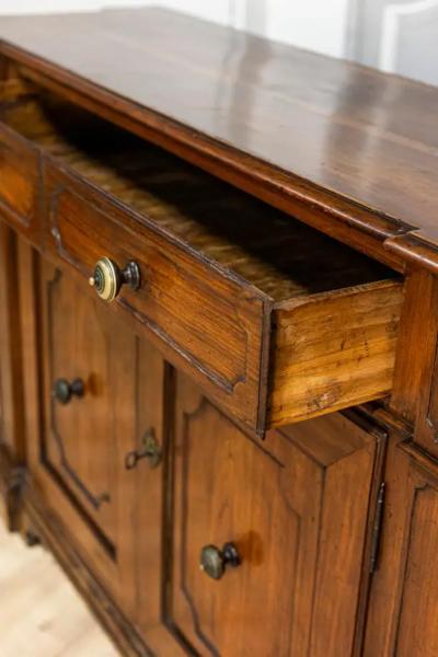 Italian 1700s Walnut Credenza with Four Drawers Four Doors and Pilasters