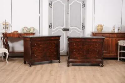 Italian 1830s Burl Walnut Commodes from Lombardi with Gray Marble Tops a Pair