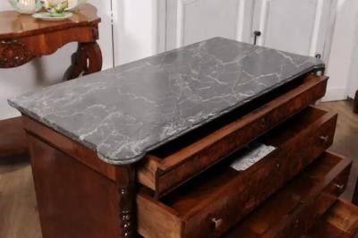 Italian 1830s Burl Walnut Commodes from Lombardi with Gray Marble Tops a Pair