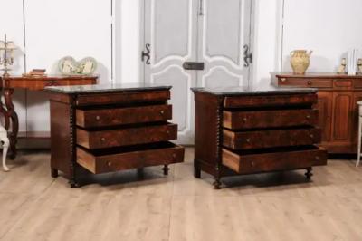 Italian 1830s Burl Walnut Commodes from Lombardi with Gray Marble Tops a Pair