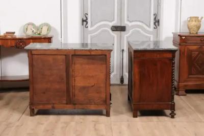 Italian 1830s Burl Walnut Commodes from Lombardi with Gray Marble Tops a Pair