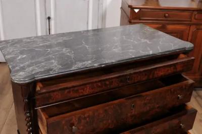 Italian 1830s Burl Walnut Commodes from Lombardi with Gray Marble Tops a Pair