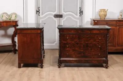 Italian 1830s Burl Walnut Commodes from Lombardi with Gray Marble Tops a Pair