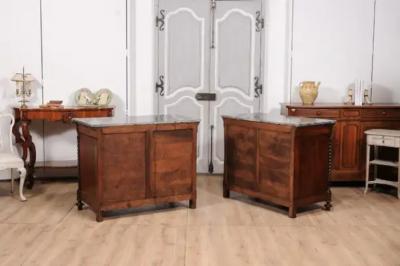 Italian 1830s Burl Walnut Commodes from Lombardi with Gray Marble Tops a Pair