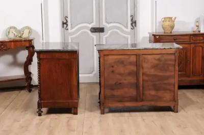 Italian 1830s Burl Walnut Commodes from Lombardi with Gray Marble Tops a Pair