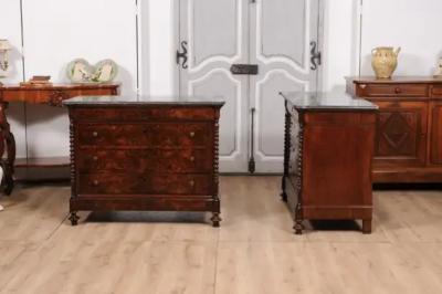 Italian 1830s Burl Walnut Commodes from Lombardi with Gray Marble Tops a Pair