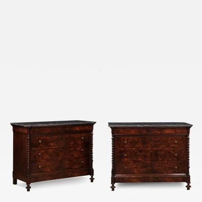 Italian 1830s Burl Walnut Commodes from Lombardi with Gray Marble Tops a Pair