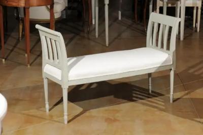 Italian 1890s Painted Wood Classical Bench with Scrolling Arms and Upholstery