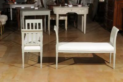 Italian 1890s Painted Wood Classical Bench with Scrolling Arms and Upholstery