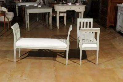 Italian 1890s Painted Wood Classical Bench with Scrolling Arms and Upholstery