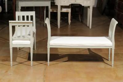 Italian 1890s Painted Wood Classical Bench with Scrolling Arms and Upholstery