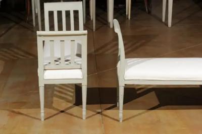 Italian 1890s Painted Wood Classical Bench with Scrolling Arms and Upholstery