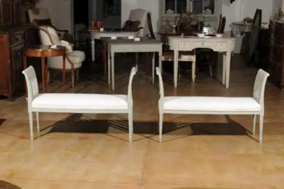 Italian 1890s Painted Wood Classical Bench with Scrolling Arms and Upholstery