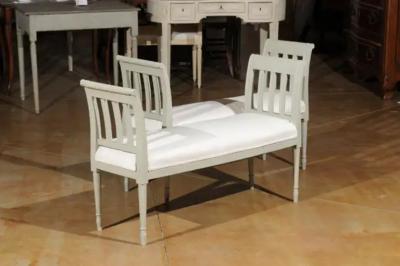 Italian 1890s Painted Wood Classical Bench with Scrolling Arms and Upholstery