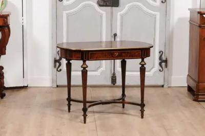 Italian 1890s Walnut Mahogany and Brass Side Table with Floral Marquetry D cor