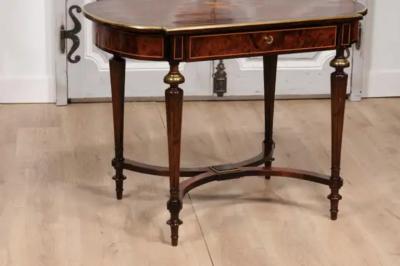 Italian 1890s Walnut Mahogany and Brass Side Table with Floral Marquetry D cor