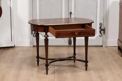 Italian 1890s Walnut Mahogany and Brass Side Table with Floral Marquetry D cor