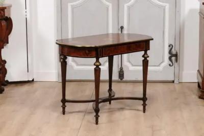 Italian 1890s Walnut Mahogany and Brass Side Table with Floral Marquetry D cor