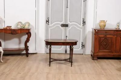 Italian 1890s Walnut Mahogany and Brass Side Table with Floral Marquetry D cor