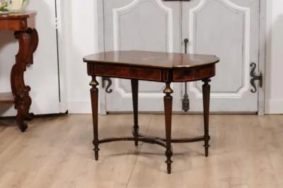 Italian 1890s Walnut Mahogany and Brass Side Table with Floral Marquetry D cor