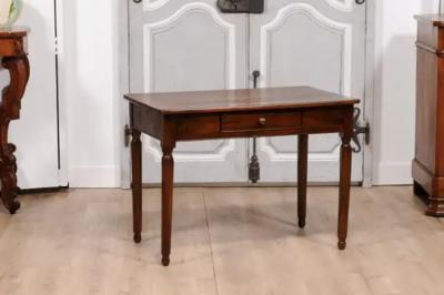 Italian 1890s Walnut Side Table with Elm Marquetry Star Drawer and Turned Legs